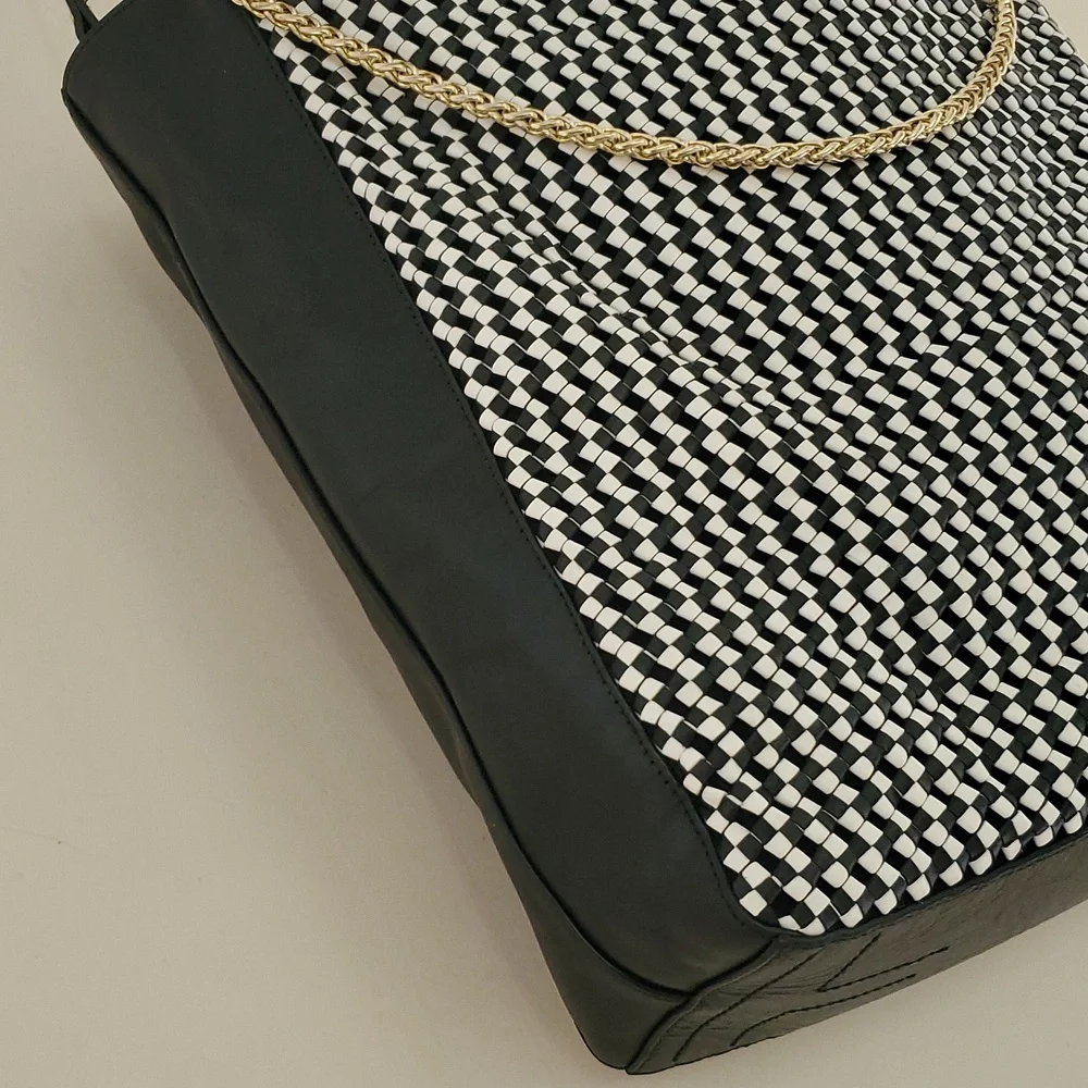 Tory Burch Erica Hobo Bag in Black and White Woven Leather